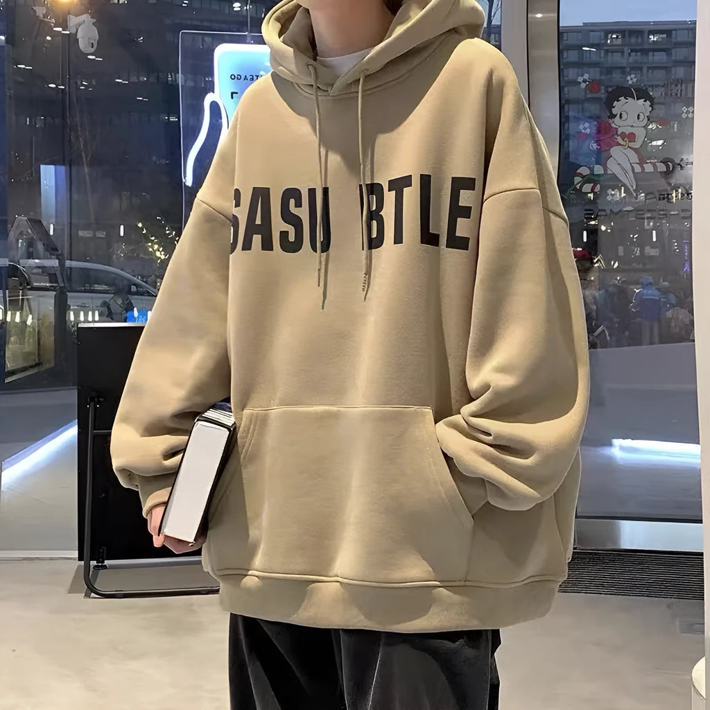 Men's hooded sweater in khaki, loose fit, topstitching patch pocket, long sleeves, velvet lining, Hong Kong style