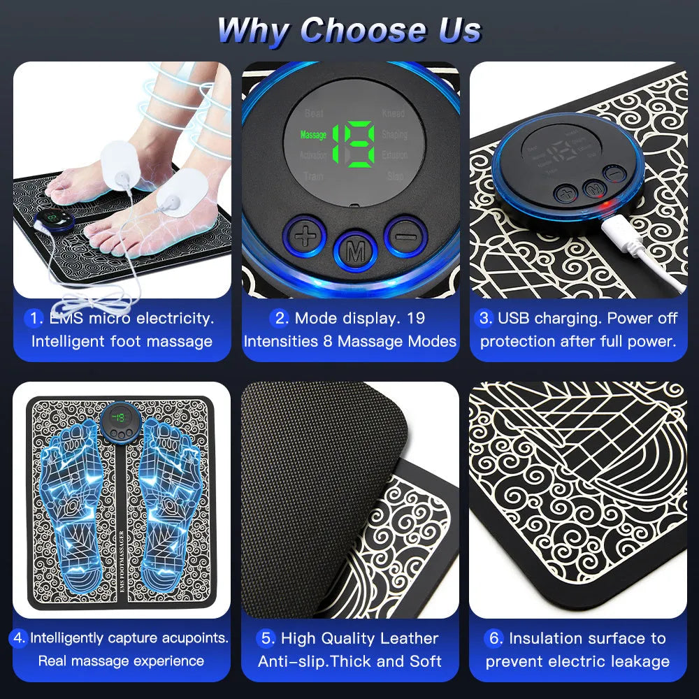 Rechargeable portable foot massage pad with infrared and EMS micro current, USB charging, push-button control
