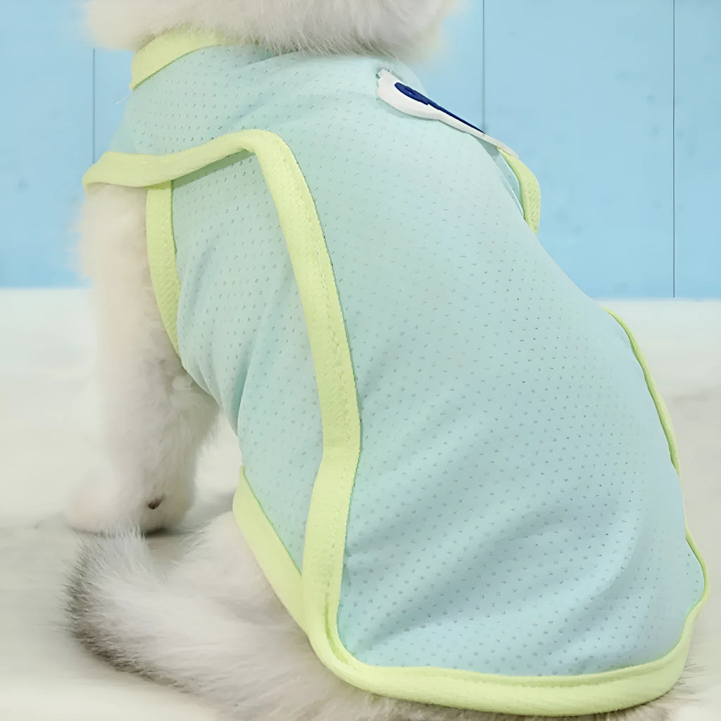 Grass green anti-lint polyester summer vest for a cat on a white background.