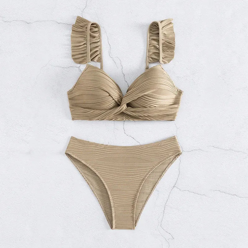 Solid colour women's bikini swimsuit set in black or khaki, made from polyester fabric.