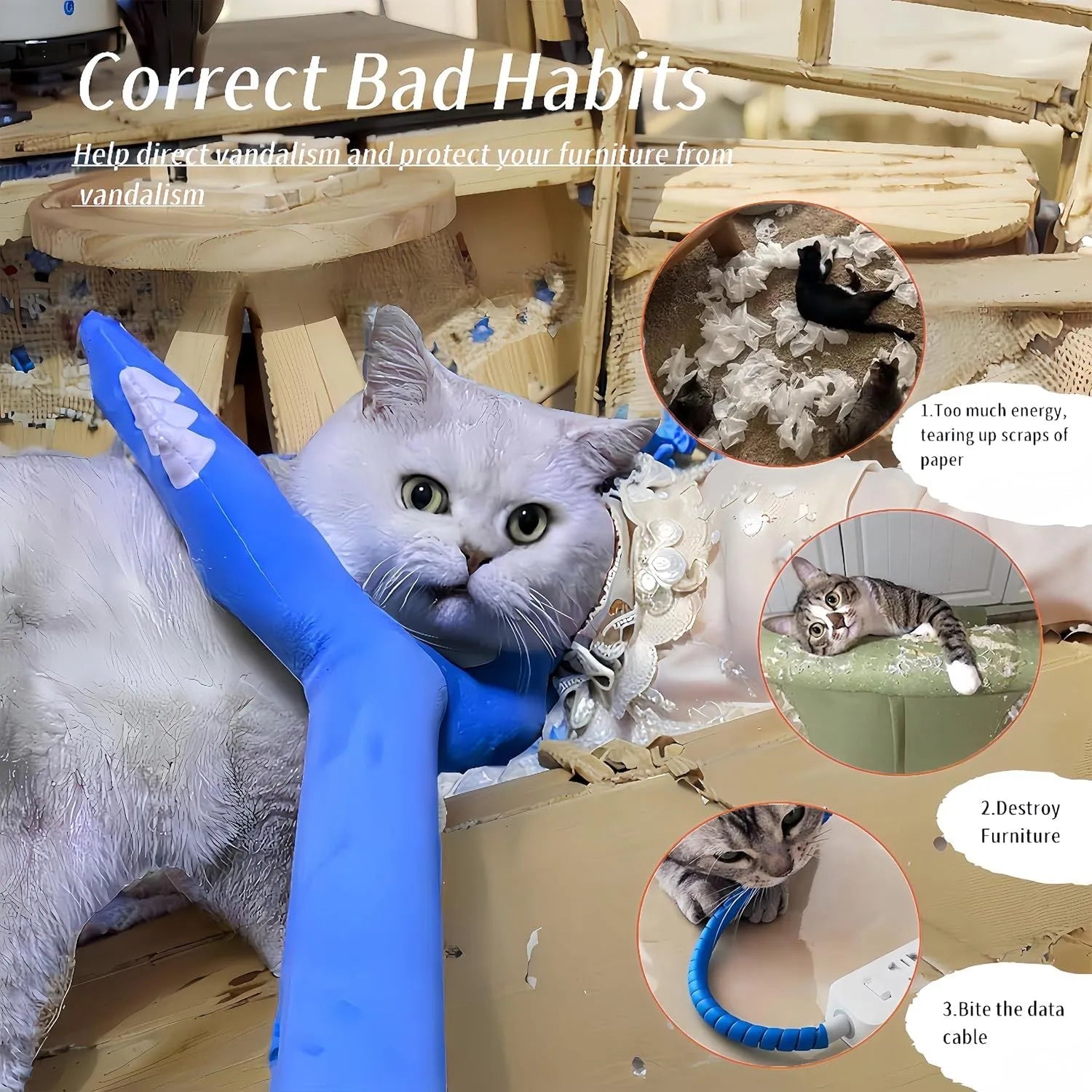 70cm blue plush cat wand toy with soft foam-filled head for interactive play