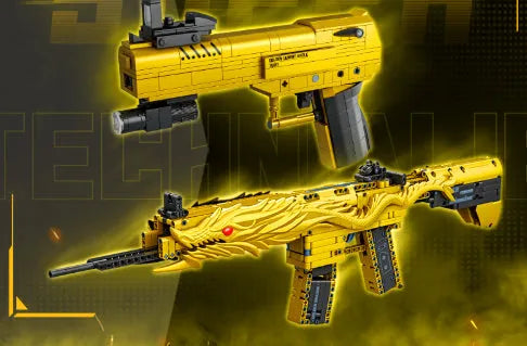 Golden Sand Eagle Gun M416 rifle model built from small particle plastic building blocks, colour box packaging