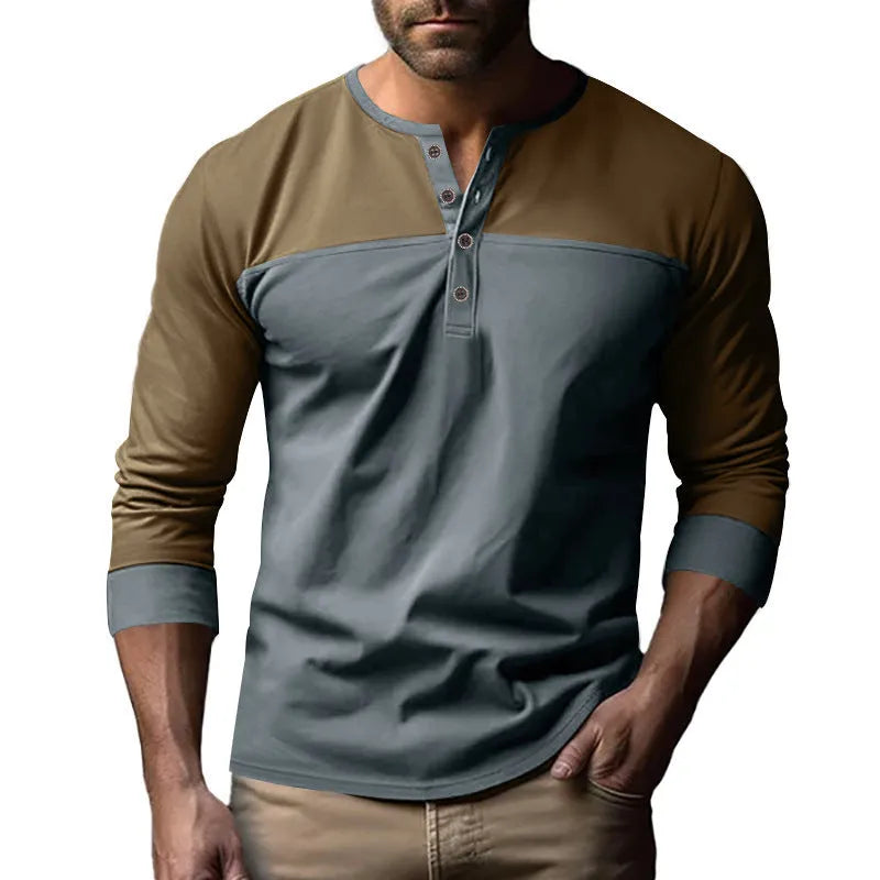 Men's retro colour block long sleeve base shirt in black and brown, loose fit polyester pullover