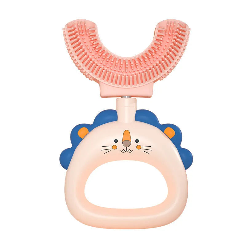 Children's U-shaped silicone toothbrush in blue for ages 2-6 with cute lion design