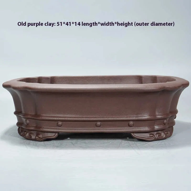 Purple sand handmade antique rectangular begonia flower pot on a desktop.