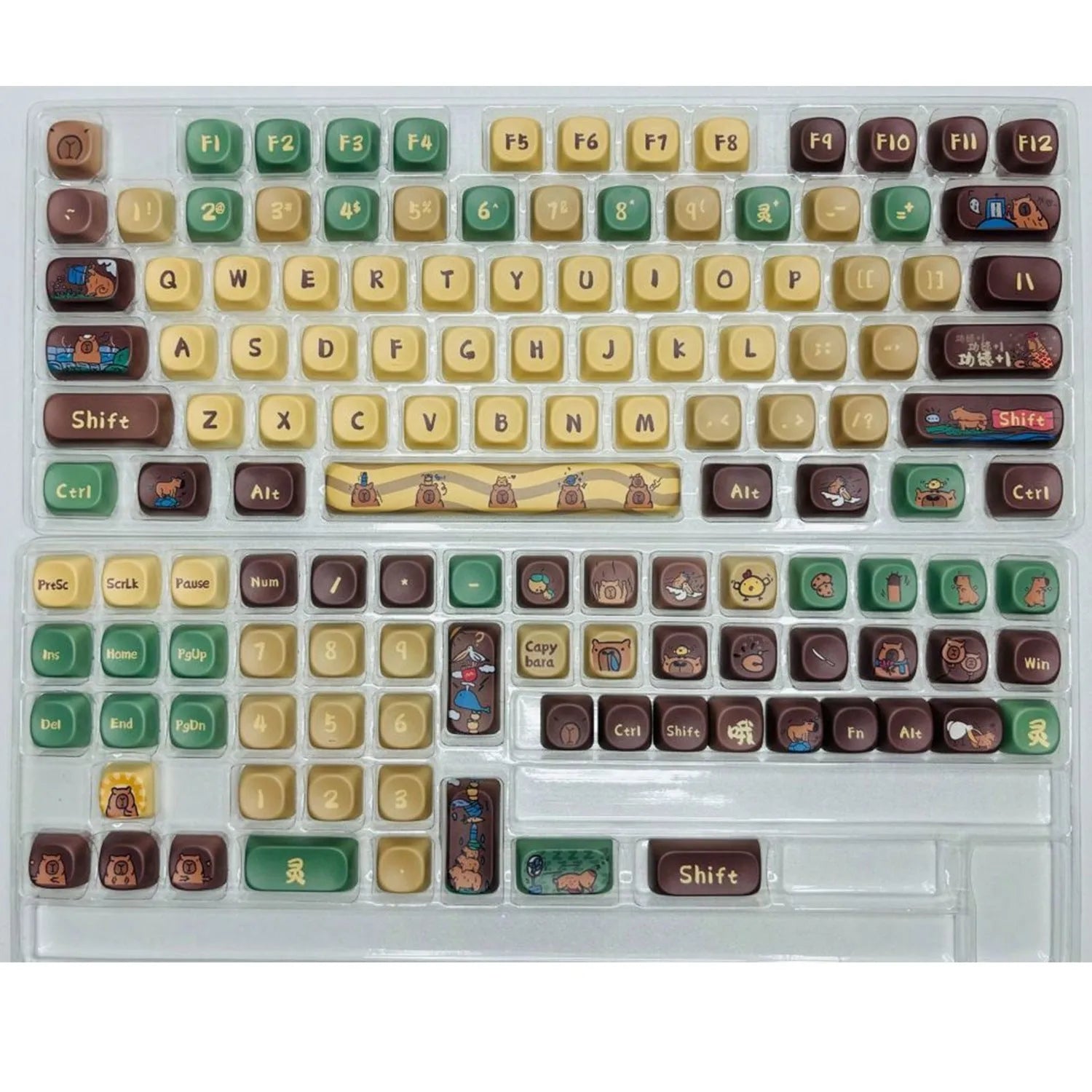 Capabala MOA Height profile ABS plastic mechanical keyboard keycaps, 130 key set laid out.