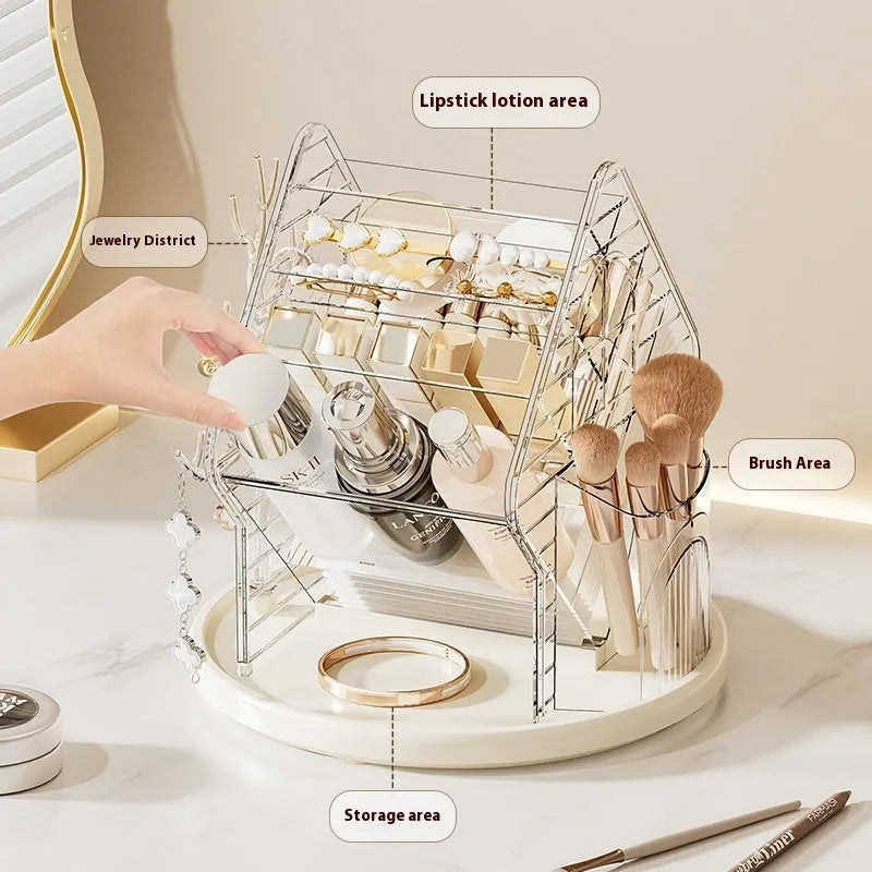 Rotating cosmetics storage box in clear or amber gold colour on a vanity