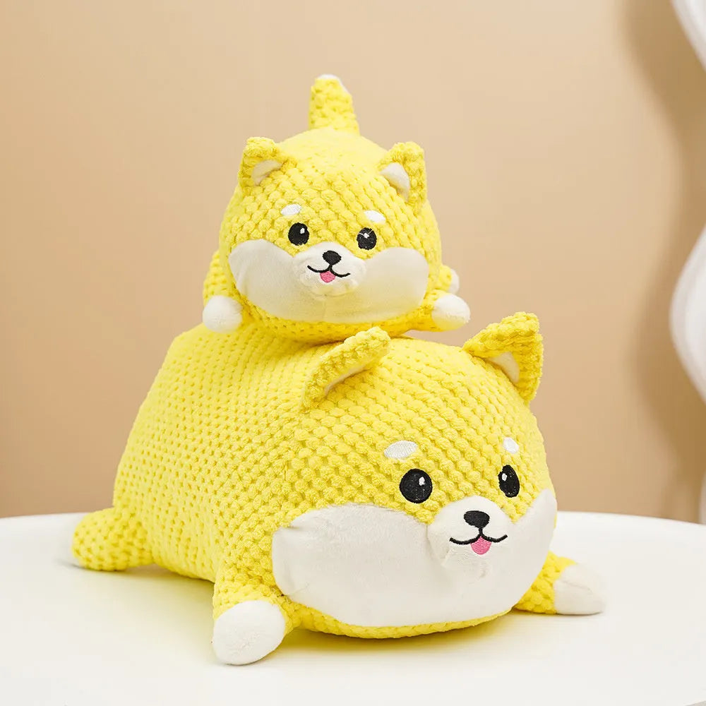 Plush calming dog toy with pillow shape, textured surface, and squeakers inside