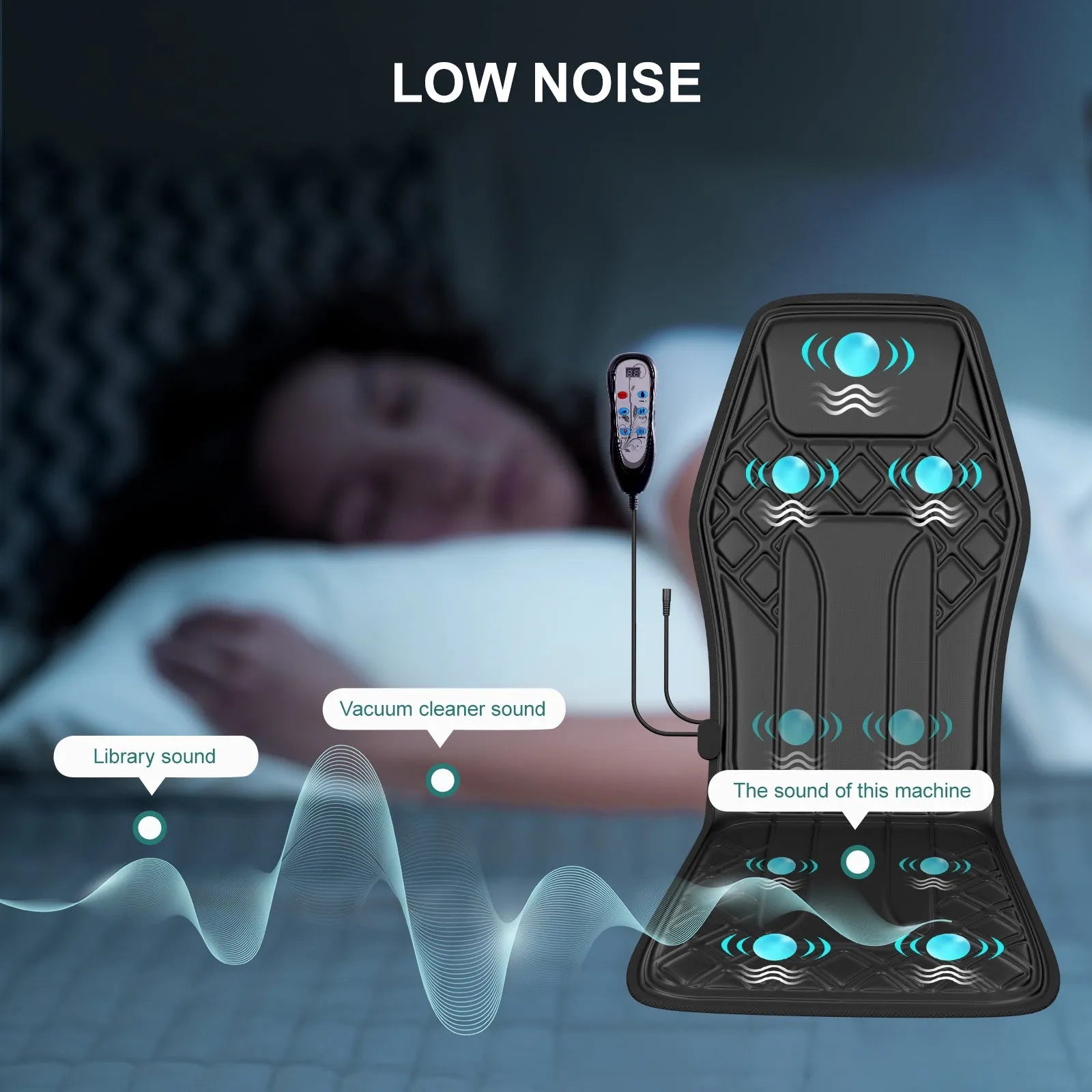 9-speed massage cushion with timer and heat on an office chair showing control panel and fabric cushion
