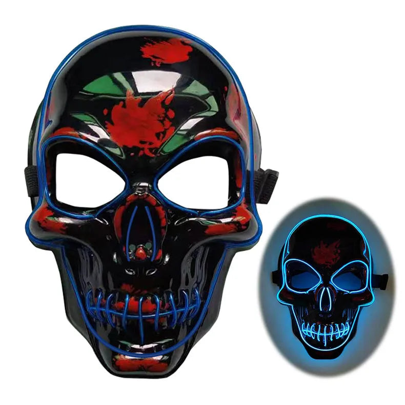 Halloween LED skeleton mask glowing in a dark room with four light modes and visible eye nose mouth cutouts