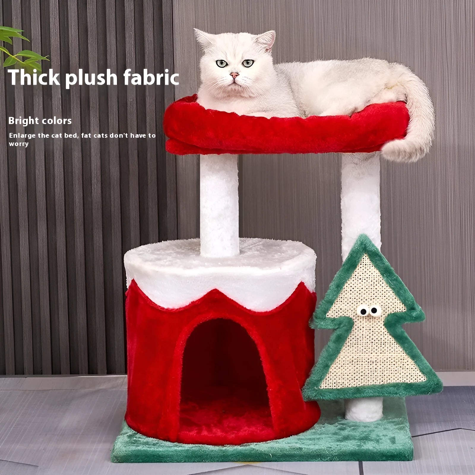 Integrated cat scratch toy with density plate construction in Christmas colour matching