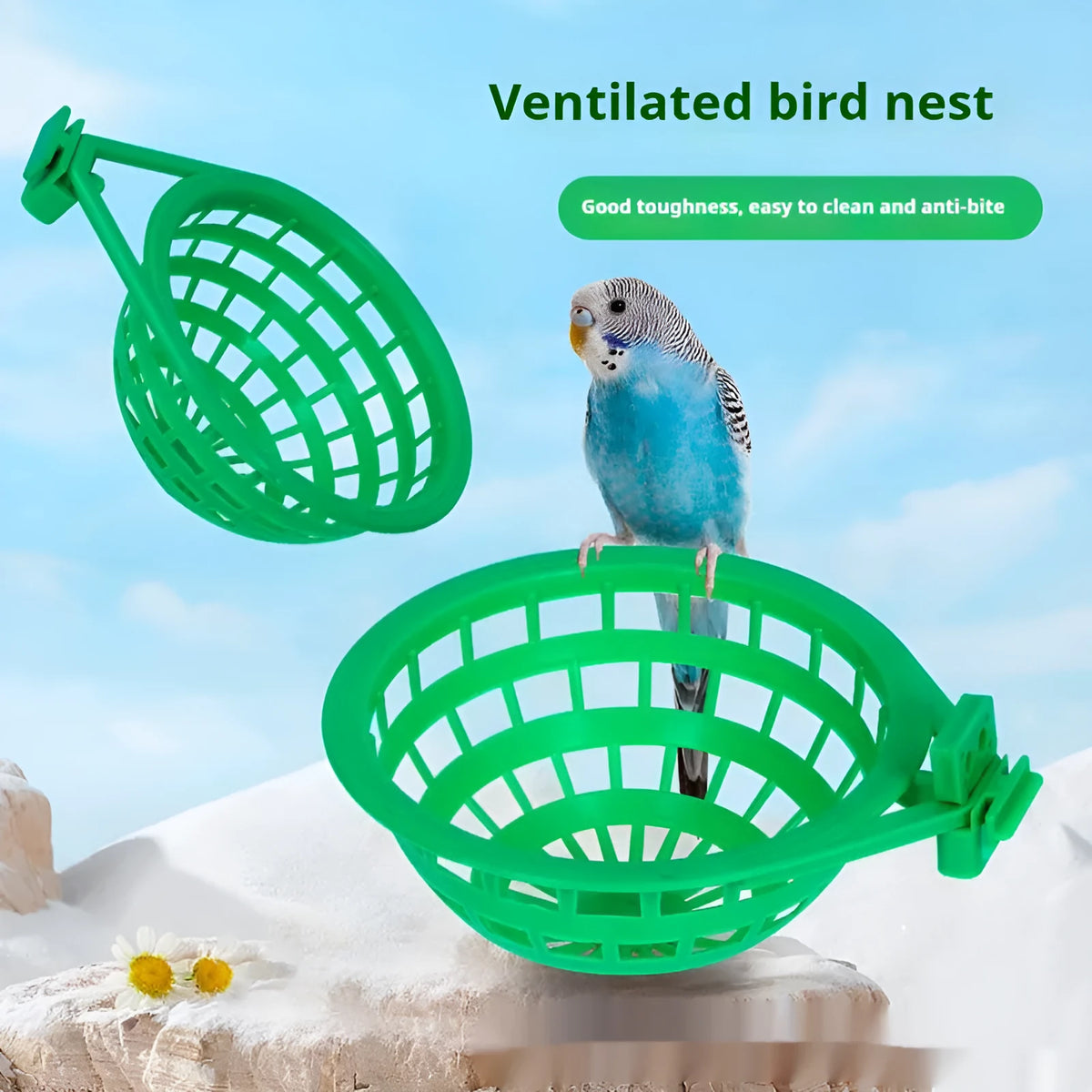 Green plastic bird nest for birds, available in Large or Trumpet, split and easy to clean