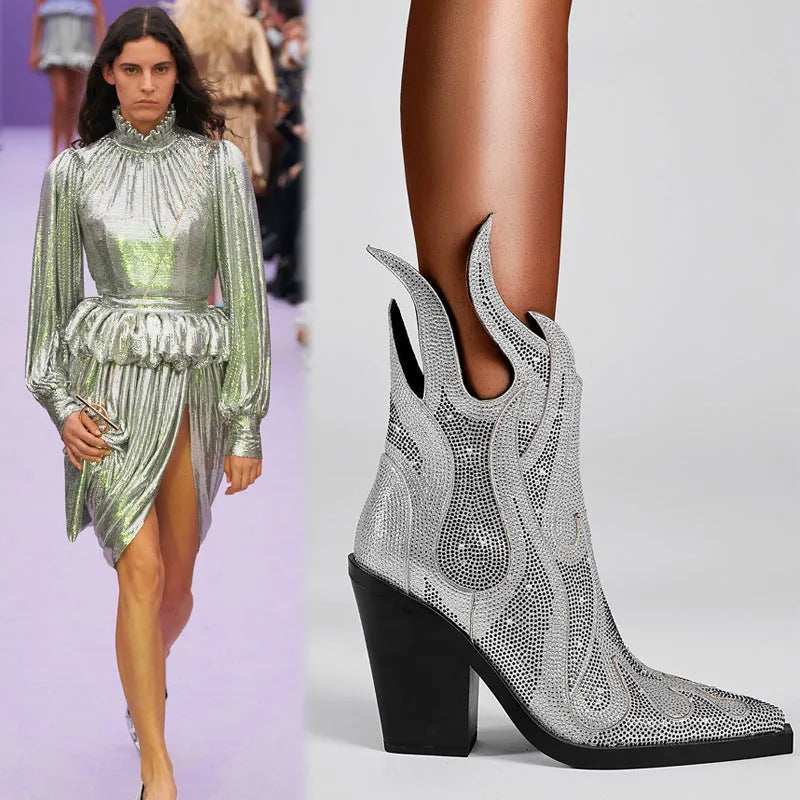 Women's square toe Martin boots with chunky heel and rhinestone flame decoration in multiple colours