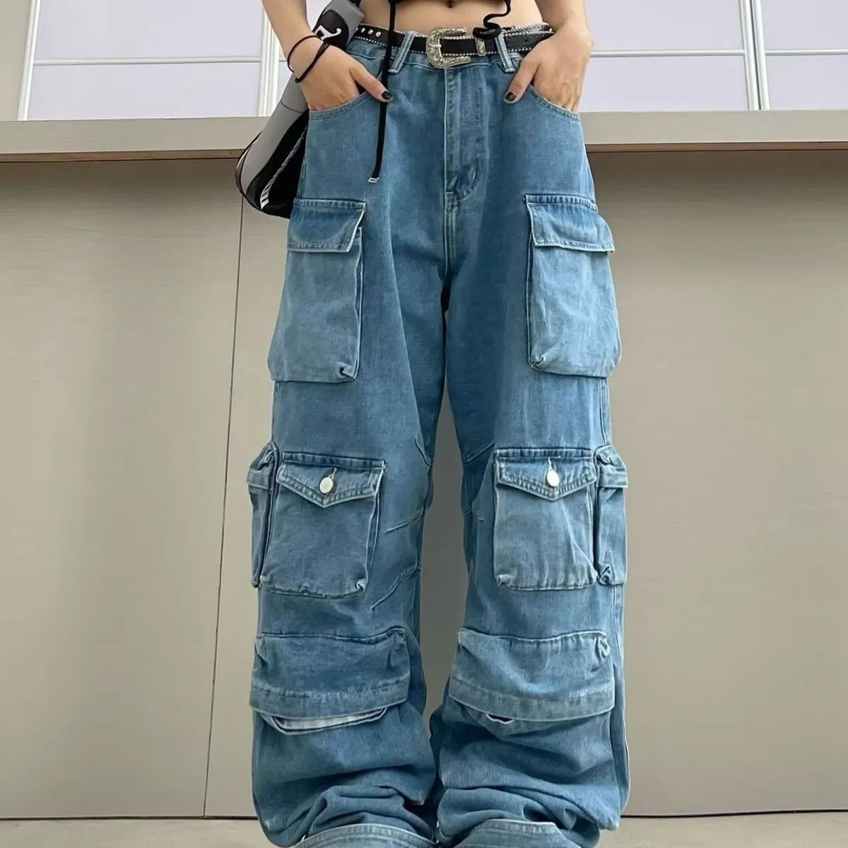 Women's tie-dyed high waist wide leg trousers with multiple pockets in denim fabric