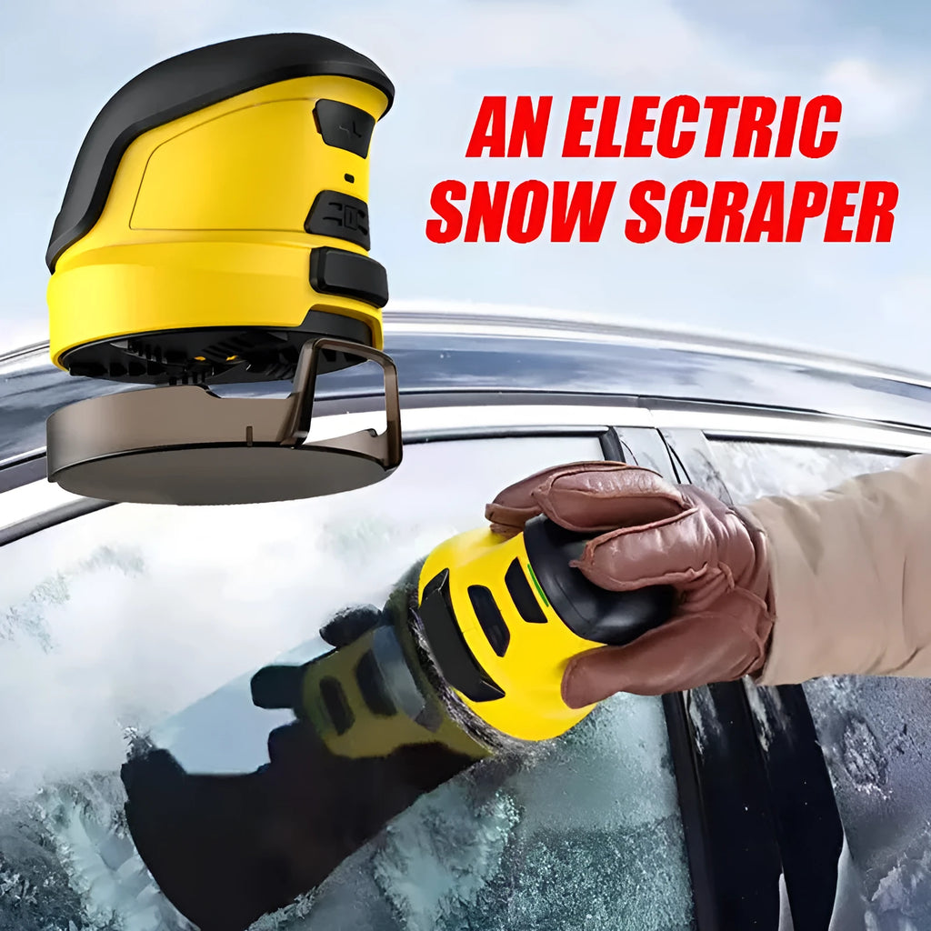 Yellow cordless electric ice scraper with USB charging cable for car windscreen deicing
