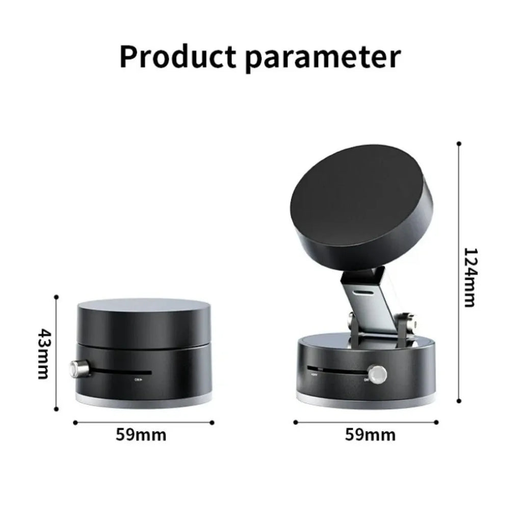 Black magnetic car phone holder with suction cup mount on a dashboard, showing 360-degree rotation.
