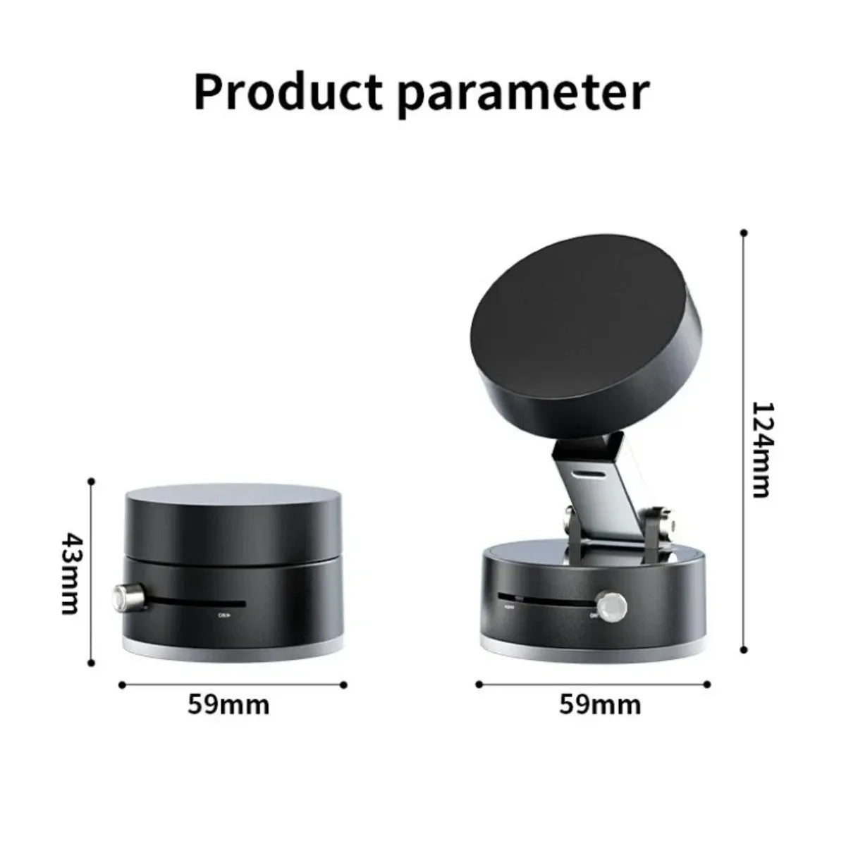 Black magnetic car phone holder with suction cup mount on a dashboard, showing 360-degree rotation.