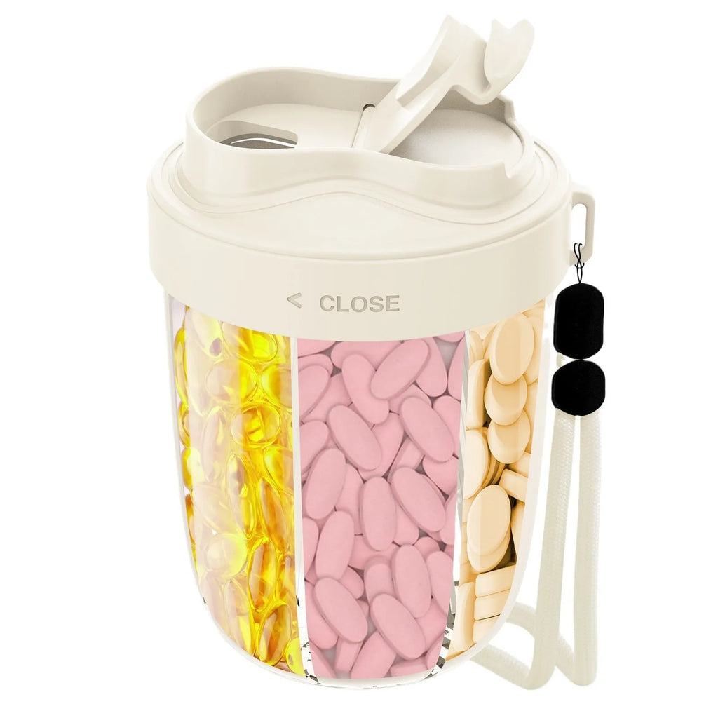 Plastic supplement storage box with seven compartments for tablets, 13.5cm tall, in beige