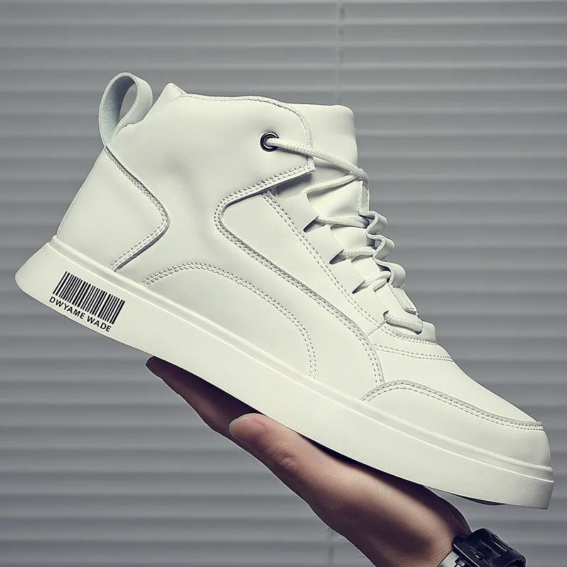 Men's white mid-top casual lace-up shoes with round toe and rubber sole.