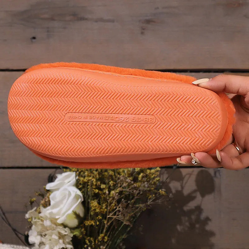 Orange pumpkin design plush house slippers with coral velvet upper and non-slip PVC sole