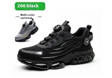 Men's lace-free safety shoes with steel toe cap, fly woven mesh upper, PU sole, low top, in black, blue, or grey