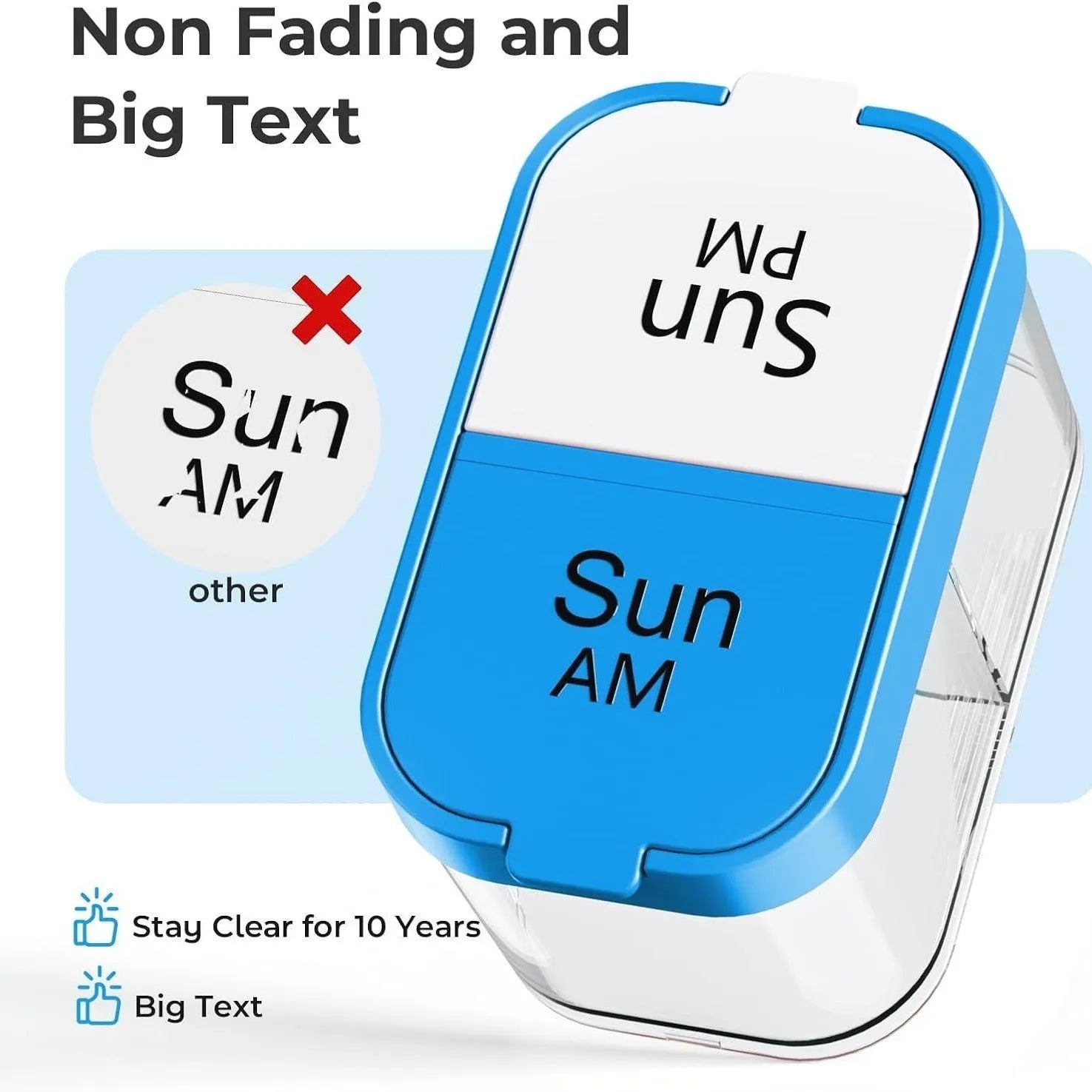 Large white and rainbow coloured plastic pill box with 14 removable compartments open on a table.