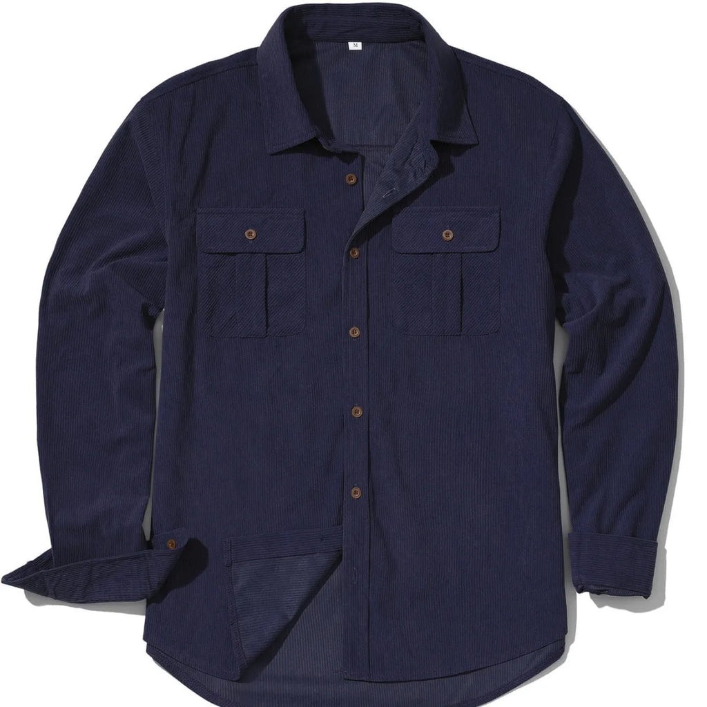 Man wearing a loose-fit Army Green corduroy shirt in Japanese retro style with long sleeves.