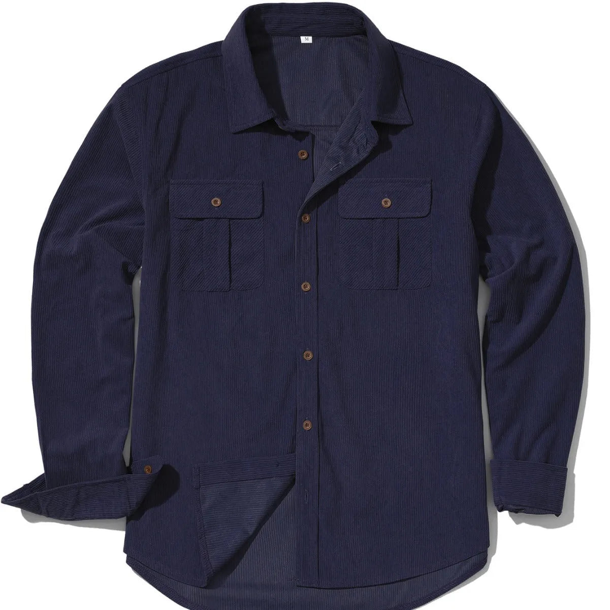 Man wearing a loose-fit Army Green corduroy shirt in Japanese retro style with long sleeves.
