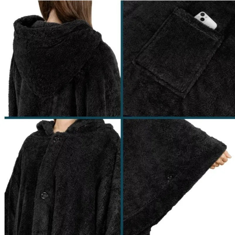 A thick pink hooded bathrobe with long sleeves and a cardigan-style front on a hanger.