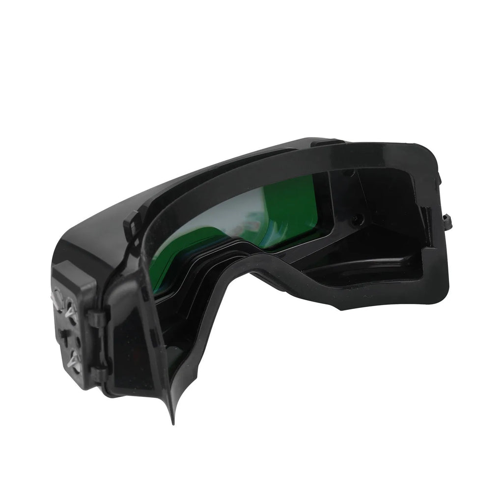 Black automatic darkening welding mask showing the large rectangular viewing lens and head strap.