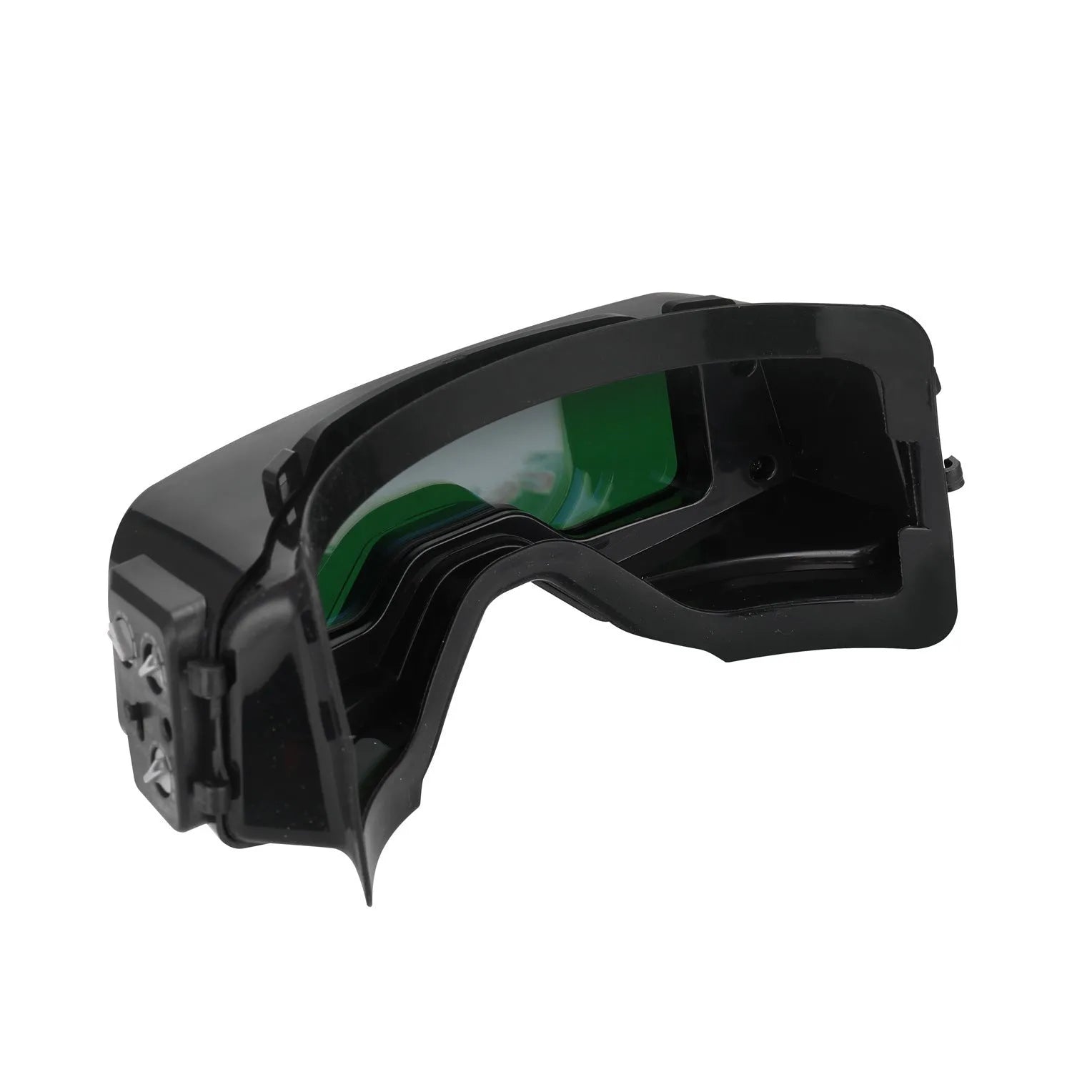 Black automatic darkening welding mask showing the large rectangular viewing lens and head strap.