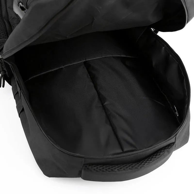 Large outdoor mountaineering backpack in camouflage pattern with curved shoulder straps