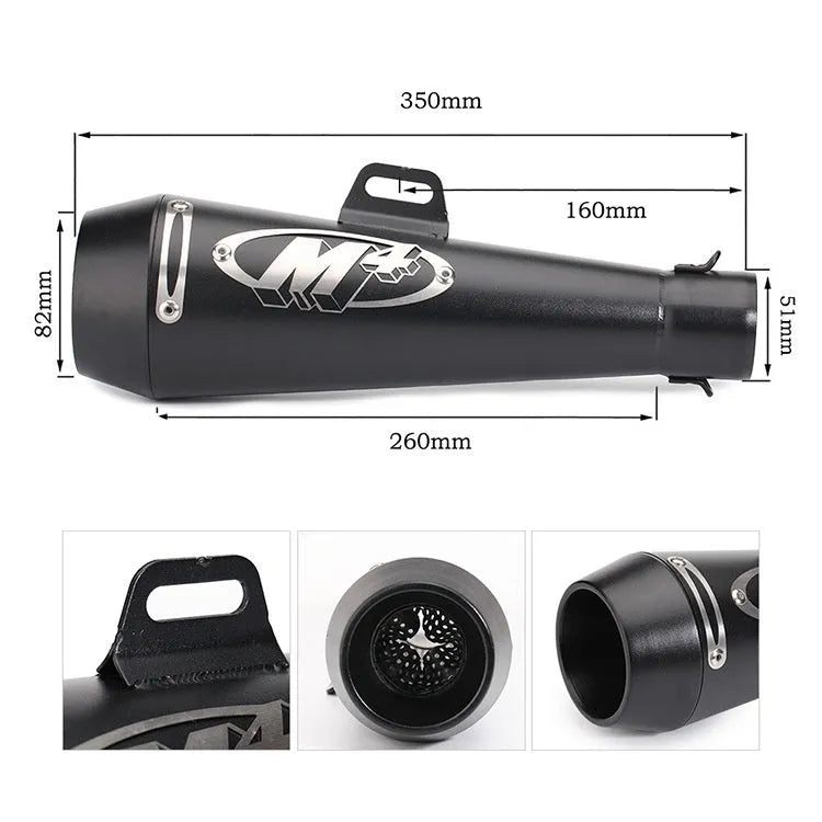 Universal M4 motorcycle exhaust pipe in various finish options including black, titanium, and blue.