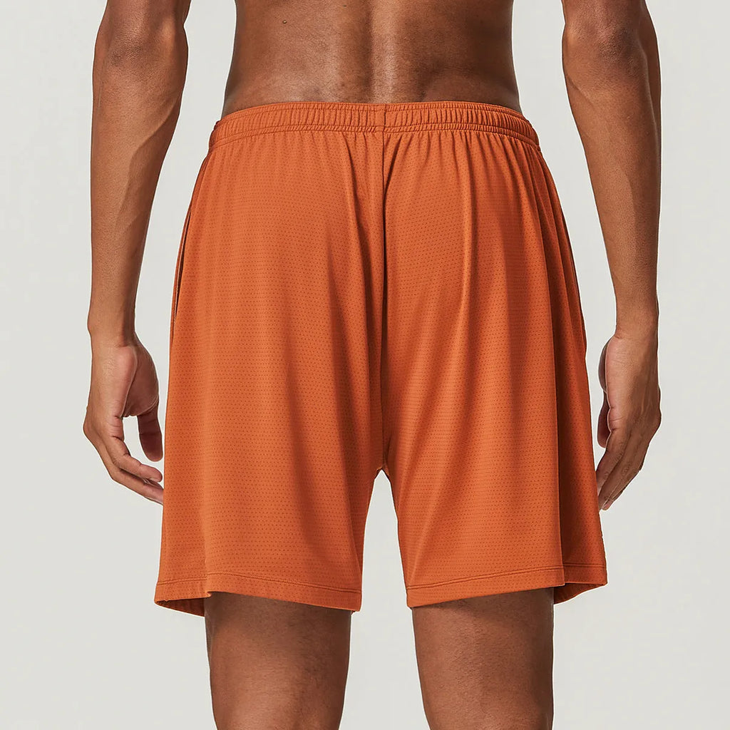 Men's sky green quick-dry running shorts with mid-waist and double-layer construction.