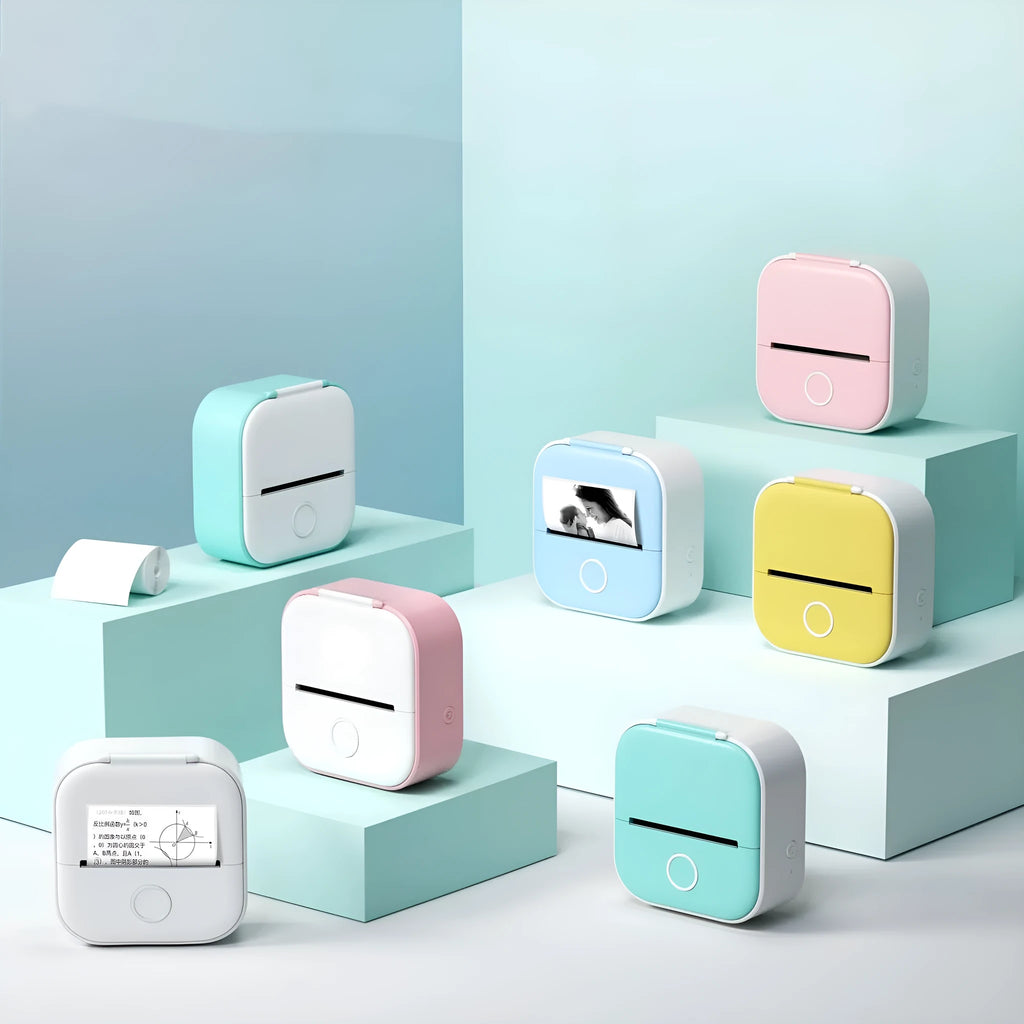 Mini pocket portable printer with USB cable and paper rolls in pink rabbit ear protective case