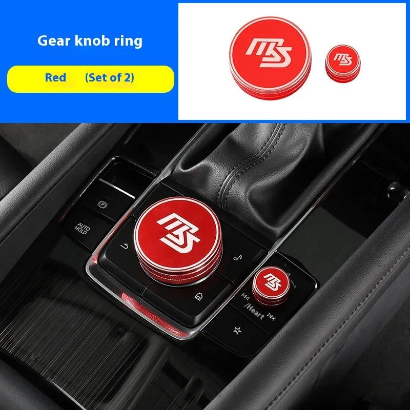 Red aluminium alloy multimedia and audio knob decorative rings set with MS logo for car interior