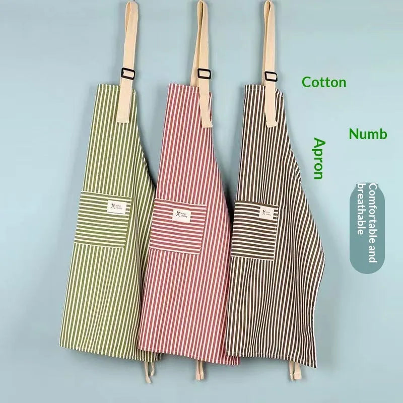 Linen stripe apron in green, one size, anti-stain kitchen apron for household chores