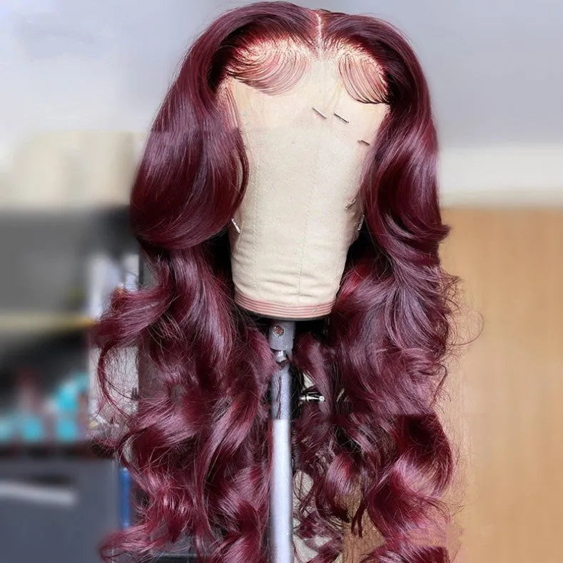 Front lace synthetic wig in wine red T6963 with long curly hair and long bangs for ladies