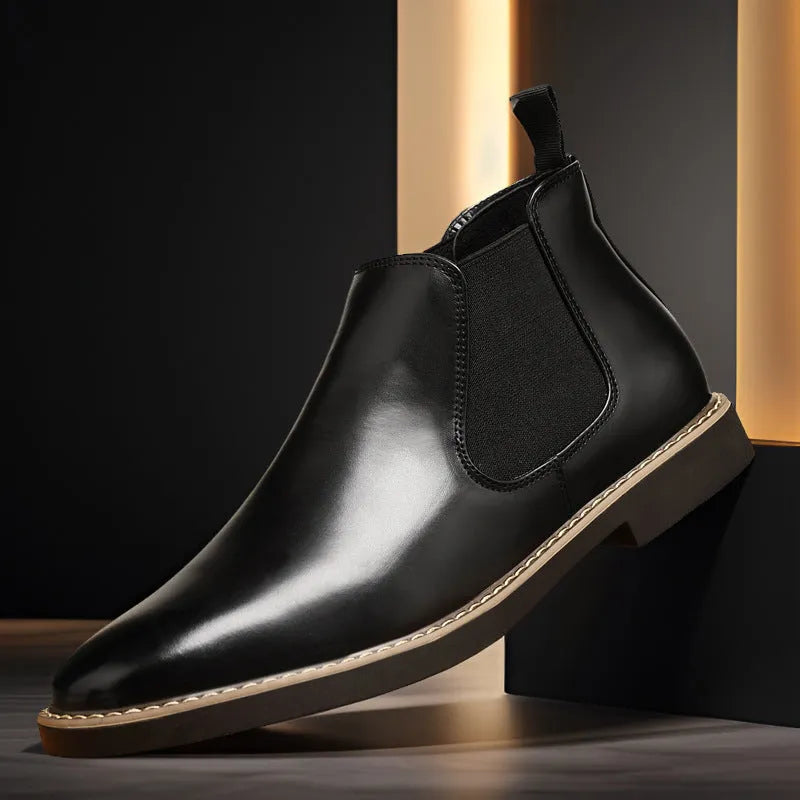 Men's black mid-calf boots with a square heel and artificial PU leather upper.