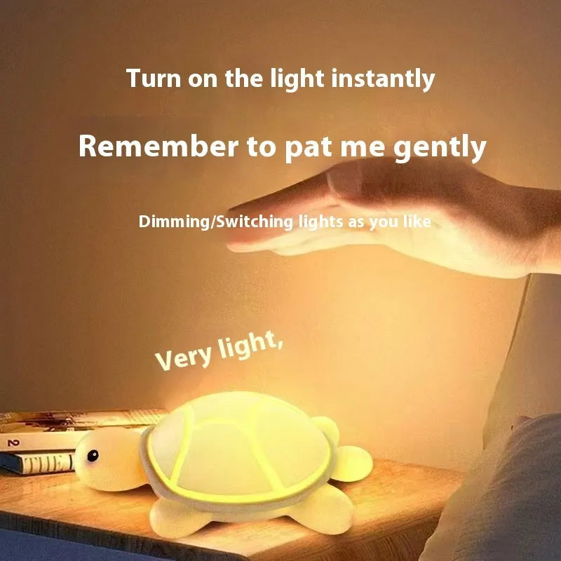 Cute turtle silicone USB rechargeable night light on a bedside table, soft glow, low voltage