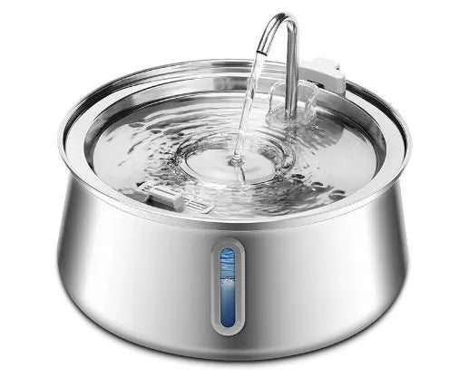 Stainless steel round pet water dispenser with large reservoir and selectable faucet attachment