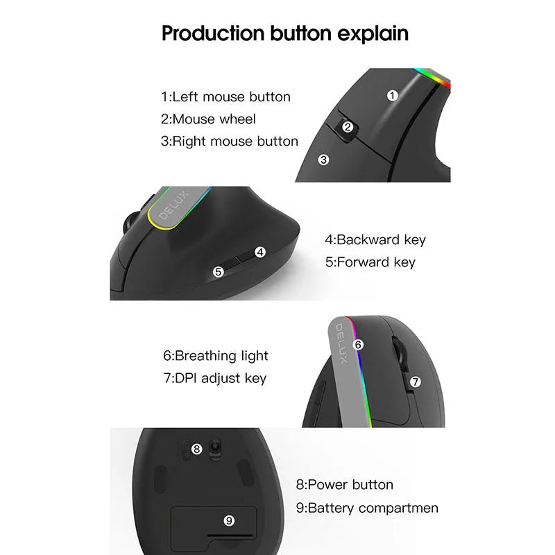 Black and white M618C wireless vertical ergonomic mouse with RGB lighting on a desk.