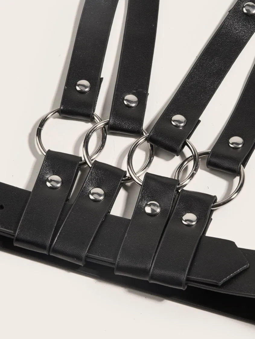 Black PU bondage underwear set with bowknot handcuffs, top, and bottom for women