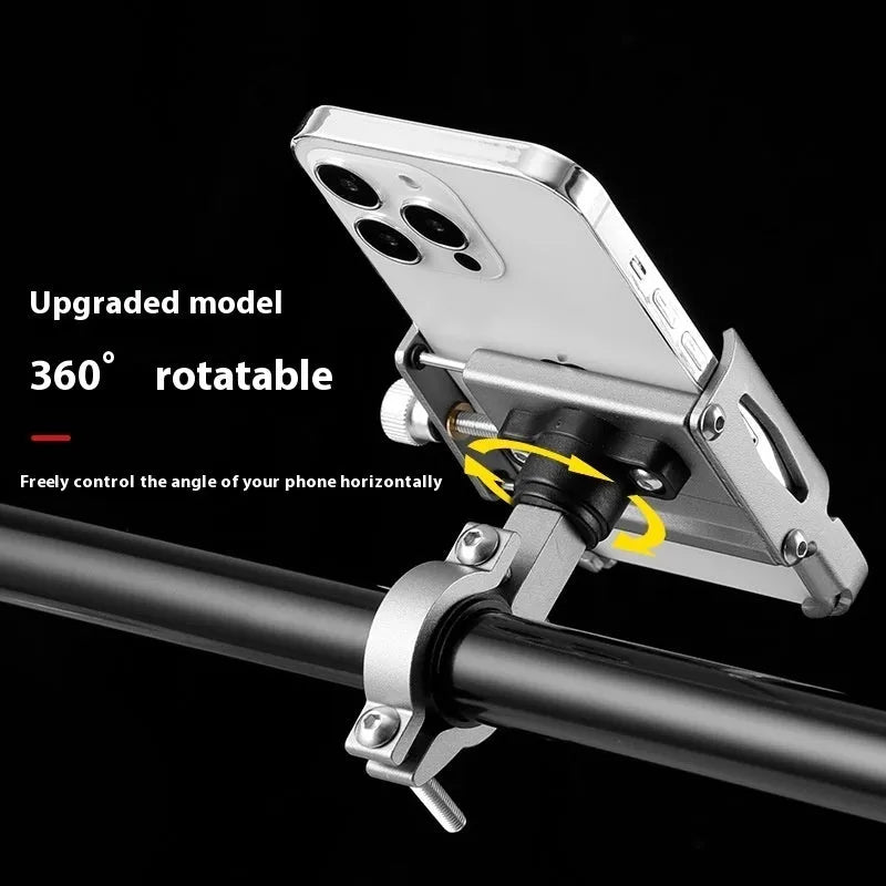 Aluminium alloy mobile phone holder mounted on bicycle handlebar showing black colour option