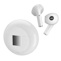 White wireless Bluetooth earbuds with a semi-in-ear design and their matching charging case on a table.