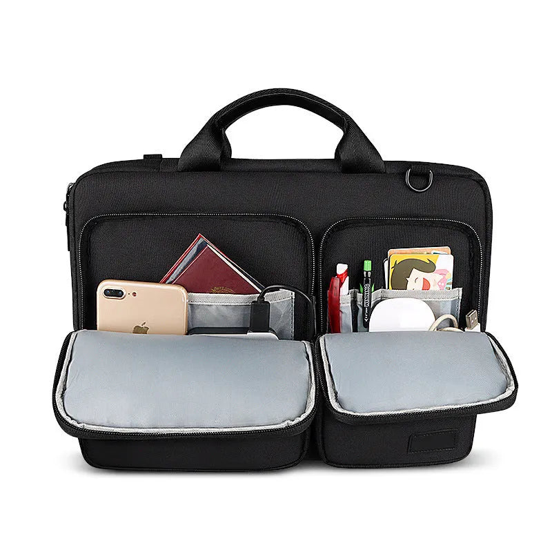 Shock proof shoulder laptop bag in gray polyester with zipper closure and retractable handle for 15.6 inch laptop