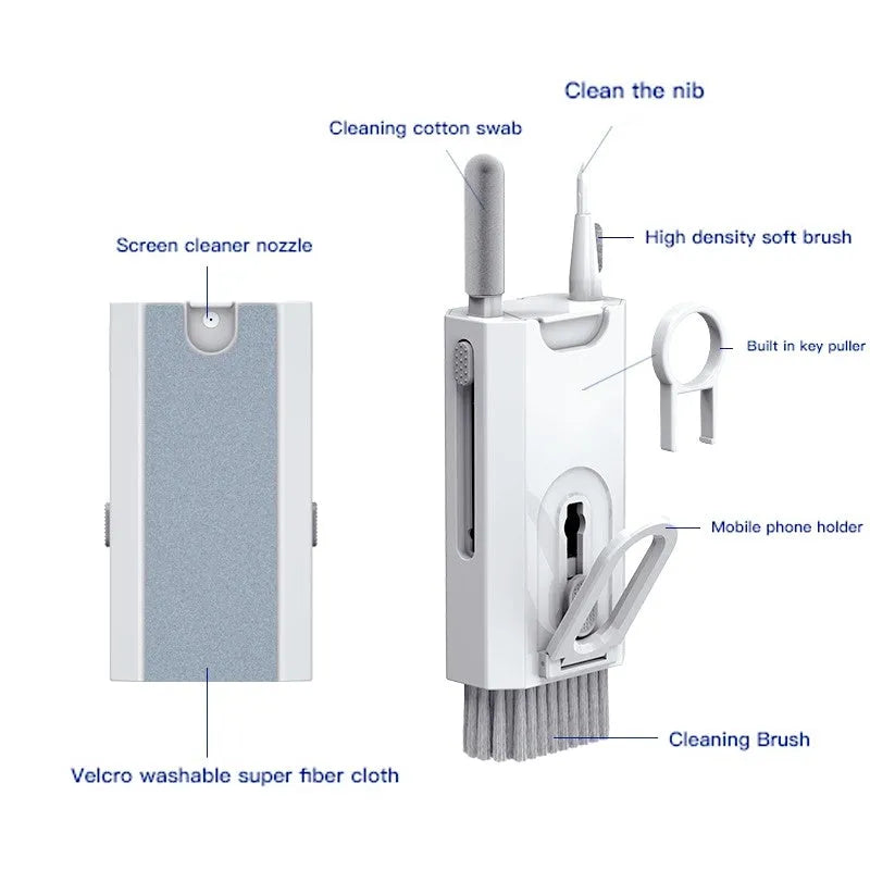 5-in-1 digital device cleaning kit with brush, metal tip, and black flocking sponge head