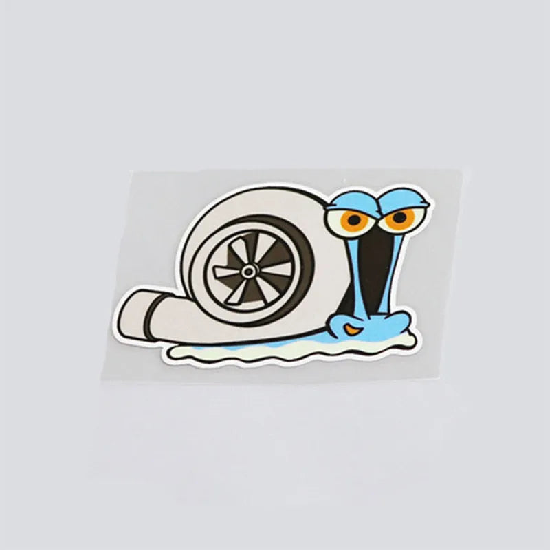 White cartoon snail reflective car sticker measuring 12cm by 8cm