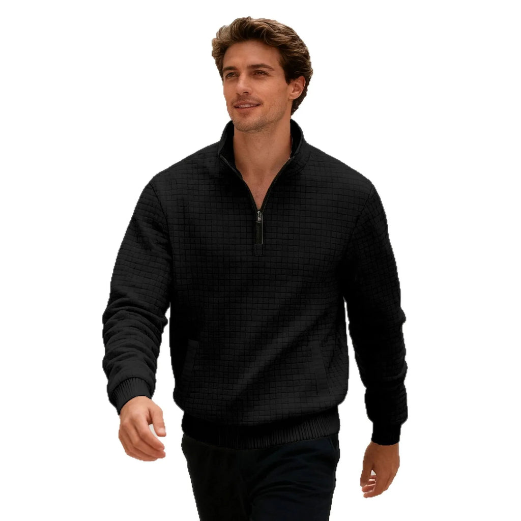 Men's stand-up collar jacquard small check sweatshirt with long sleeves and side pockets on a model