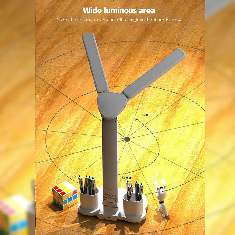 White multifunction LED desk lamp with clock, calendar, pen holder, and USB touch night light on a desk